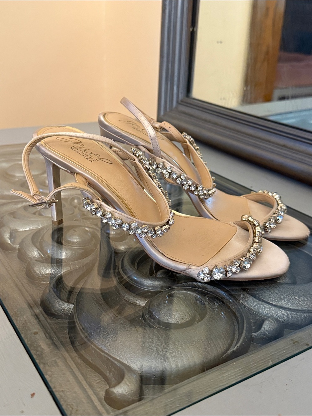 Jewel Badgley Mischka 7 Pink Blush Satin Crystal Embellished Slingback Heels